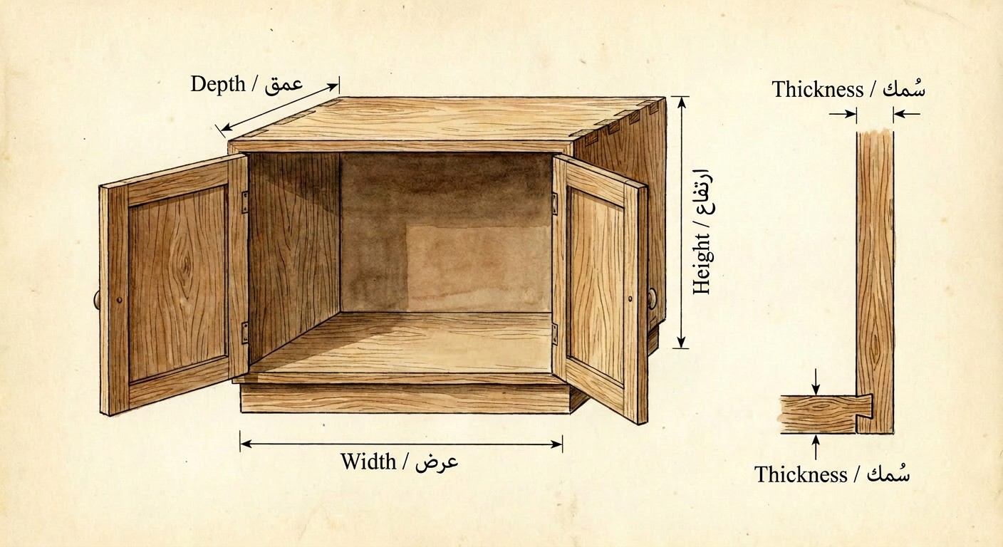 رسم توضيحي يوضح أبعاد الألواح الخشبية المختلفة